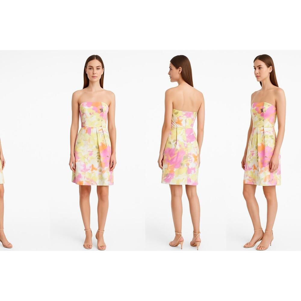 J.Crew Pink Floral Pleated Strapless Dress Preppy A-line Pink Yellow Womens 0